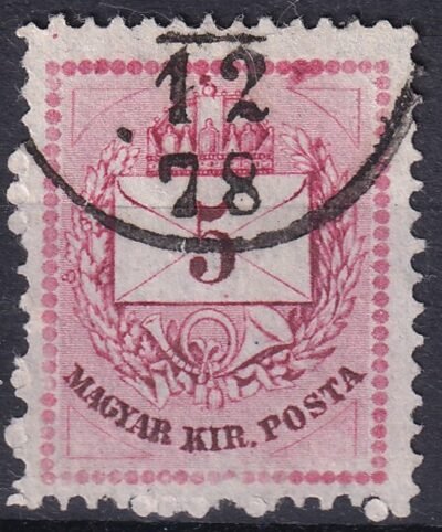 1874. 5 kr – lemezkitörés a jobb felső sarok közelében, a gyöngysoron