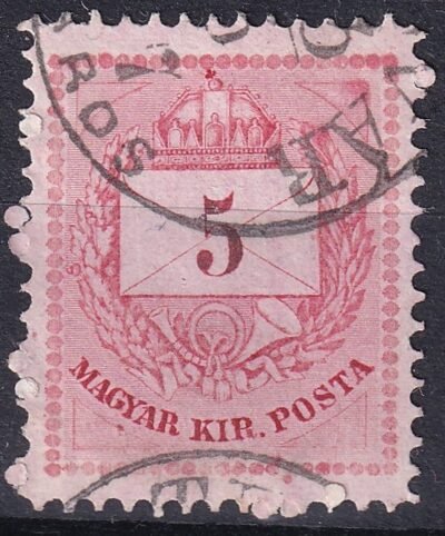 1874. 5 kr – lemezkitörés a jobb felső háromszögben; ismétlődő lemezhiba az ‘Y’ betű alatt