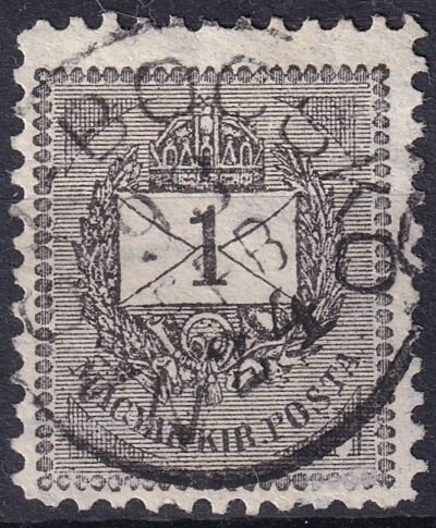 1889. 1 kr – nagy lemezhiba a jobb alsó háromszögben, részben takarva a NAGY-BOCSKÓ bélyegzéssel (Gudlin: 80 pont)