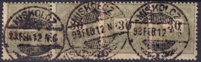 1889. 30 kr – négyescsík, enyhén ferde fésűsfogazással, MISKOLCZ bélyegzéssel