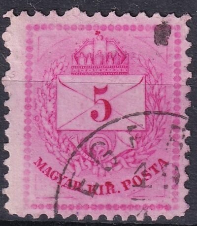1874. 5kr látványos kitörés "R" betűben, alsó kopott sarkokban metszetjavítás