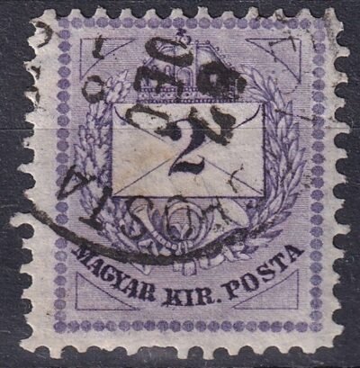 1881. 2 krajcár – sötétibolya színárnyalat; a háromszögek és a felirat utánmetszve