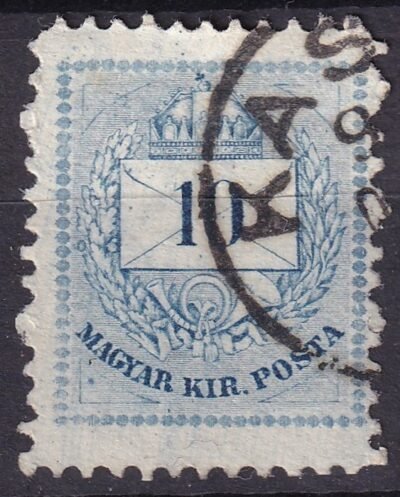 1874. 10 kr – ismétlődő lemezhiba a bal alsó háromszögben, szeplős nyomat, magasra fogazva (26 mm)