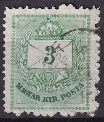 1874. 3 kr – finom vonalú, részleges javítások a gyöngykeretben és a háromszögek vonalain