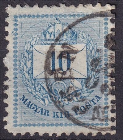 1881. 10kr ismétlődő lemezhiba a bal alsó háromszögben és az "Y" alatt