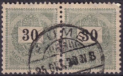 1889. Feketeszámú 30 kr pár – az első bélyegen jobb felső sarokban gyöngyhiány - FIUME