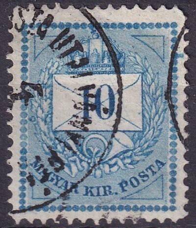 1874. 10 kr – durva metszetjavítás a gyöngysoron és a háromszögek vonalán
