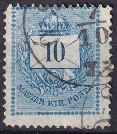 1874. 10 krajcár – durva metszetjavítással és ismétlődő lemezhibával a bal alsó háromszögben; száraz, üreges nyomat