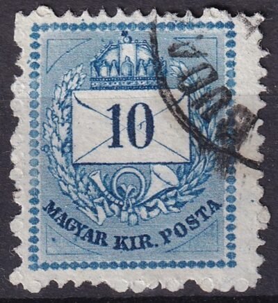 1874. 10 krajcár élénk sötétkék színnel – durva metszetjavítással és ismétlődő lemezhibával a bal alsó háromszögben