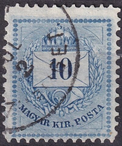 1874. 10 kr – finom vonalú alapvonal-javítás a jobb felső háromszög alatt