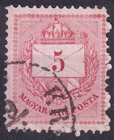 Az 1874-es 5 kr lemezkitörés nyoma a bal felső háromszög csúcsán - későbbi nyomatoknál ebből látványos festékfolt válik