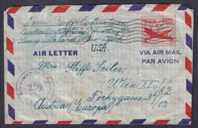 1948. USA, Ausztriába feladott (cenzúrázott), díjjegyes légiposta boríték