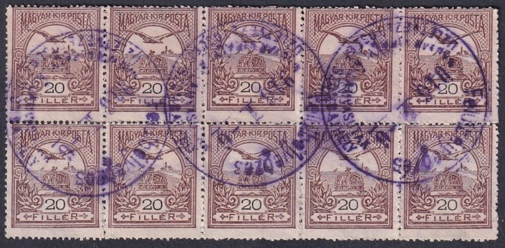 1916. Turul 10x20f tömb, utazási igazolványok érvényesítésére felhasznált bélyegzéssel