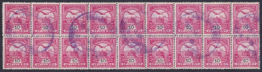 1916. Turul 18x10f tömb, utazási igazolványok érvényesítésére felhasznált bélyegzéssel