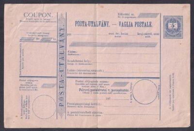 1874-es postautalvány, kék színű, magyar és olasz nyelvű, használatlan – nagyon ritka!