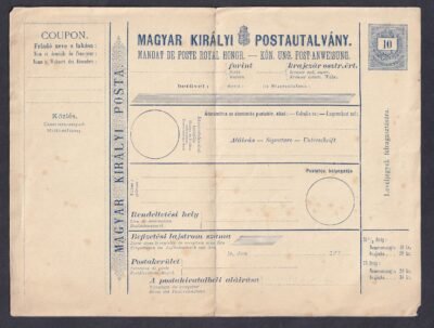 1875-ös nemzetközi postautalvány, használatlan, magyar, francia és német nyelvű