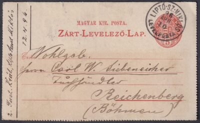 1896. LIPTÓ-SZ.-MIKLÓS / LEVÉLPOSTA, Reichenberg-be feladott Zátr-Levelező-Lap