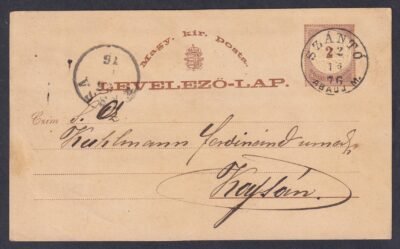 1876. SZÁNTÓ / ABAÚJ M., Kssára feladott levelezőlap