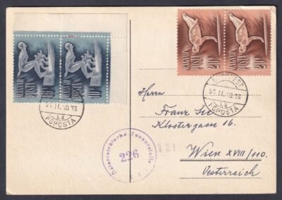 1951. Bécsbe feladott cenzúrázott levelezőlap, Sport bélyegekkekl