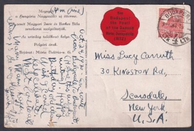 1930. Budapestről az USA-ba feladott képeslap, reklám-levélzáróbélyeggel
