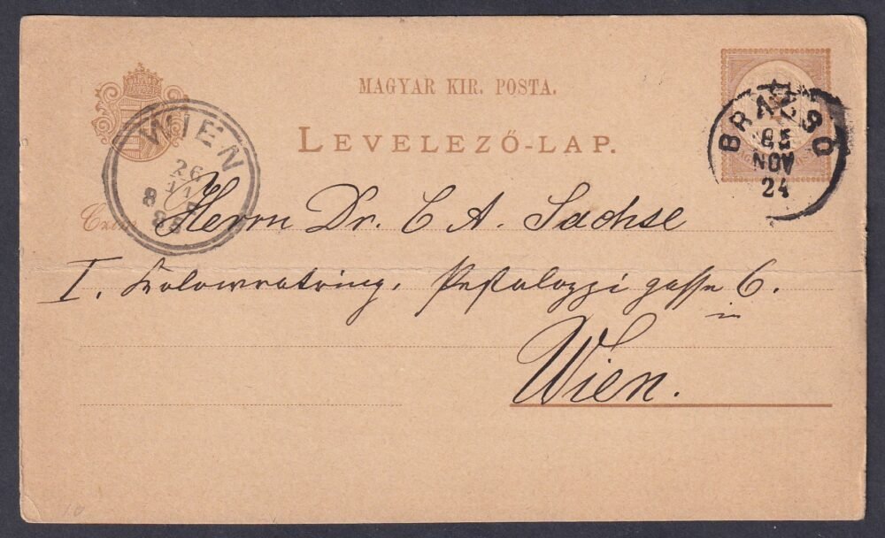 1885. Brassó, Bécsbe feladott levelezőlap