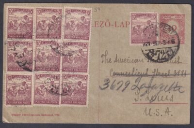 1921. USA-ba feladott, tovább küldött levelezőlap, látványos bérmentesitéssel
