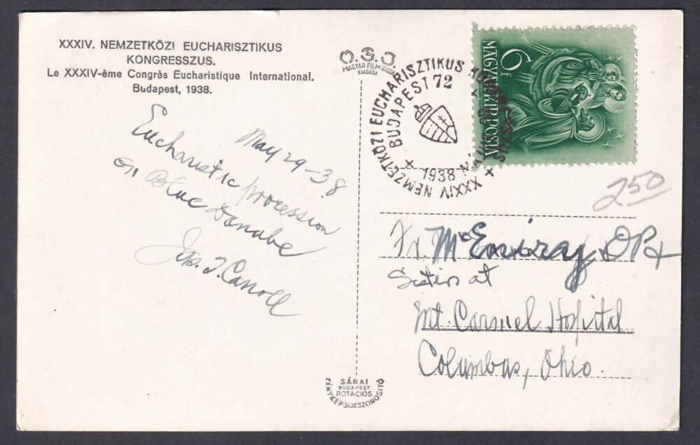 1938. USA-ba feladott Eucharisztikus Kongresszus Kongresszus képeslap-alkalmi bélyegzéssel