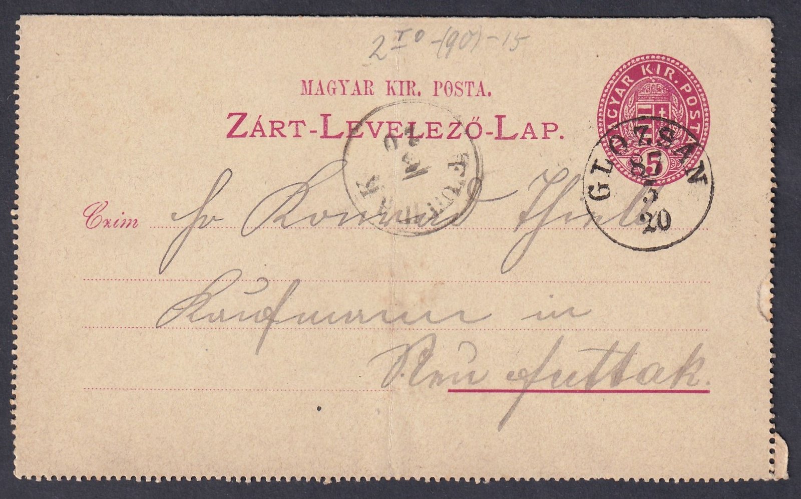 1885. GLOZSÁN (Gudlin: 100 pont) Futtakra feladott Zárt-Levelező-Lap