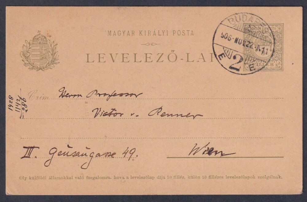 1906. Budapest, bécsbe feladott levelezőlap