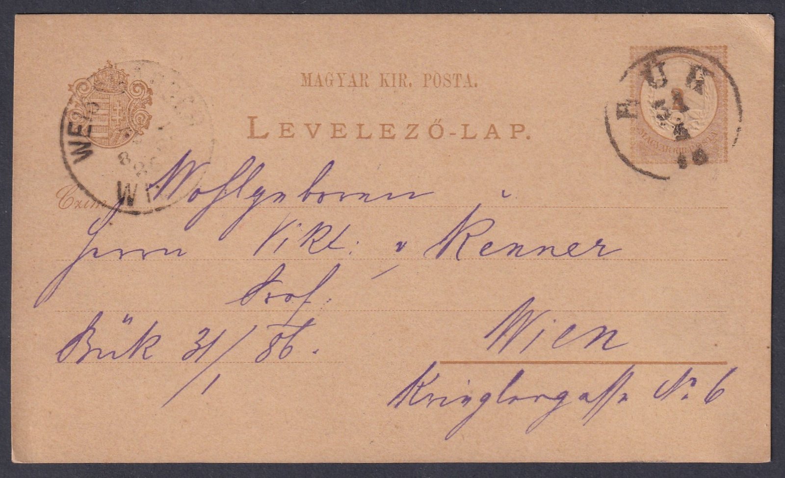1886. BÜK (Gudlin: 150 pont) Bécsbe feladott levelezőlap