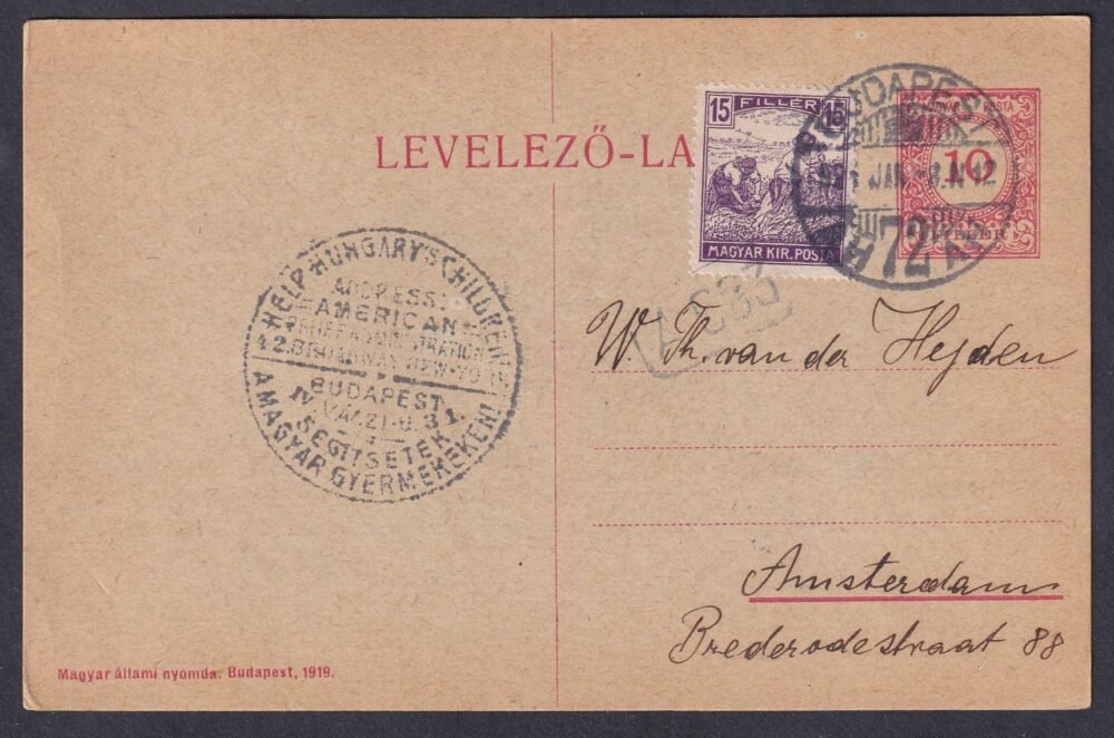 1921-ben Amszterdamba (Hollandia) feladott nyomtatvány, előrenyomott postai díjjeggyel – rendkívül ritka küldeménytípus!