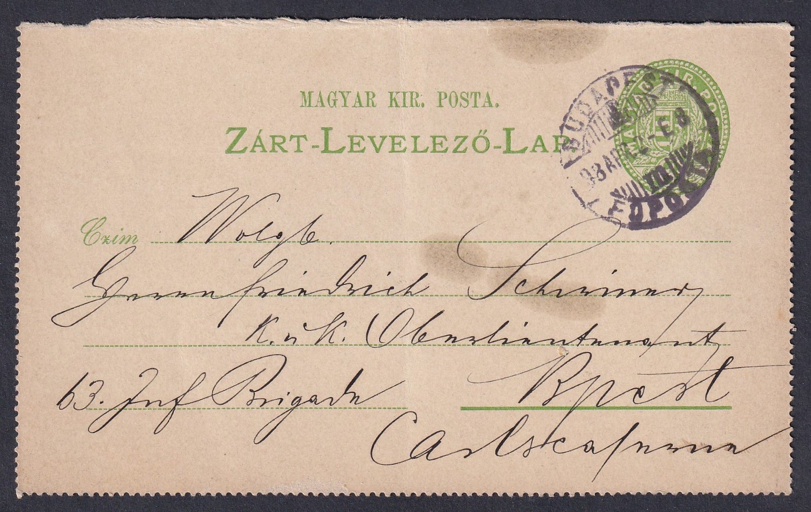 1898. Budapest, helyi Zárt-Levelező-Lap