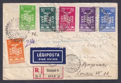 1937. Budepest Vásár sor, Londonba feladott ajánlott-légiposta levélen
