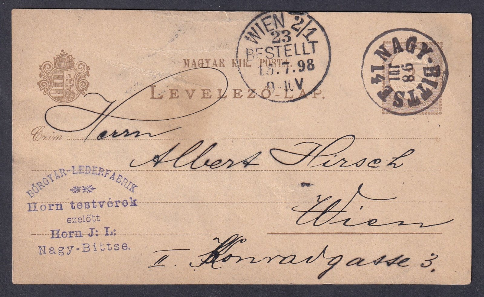 1898. NAGY-BITTSE, Bécsbe feladott levelezőlap -  dekorítív céges küldemény