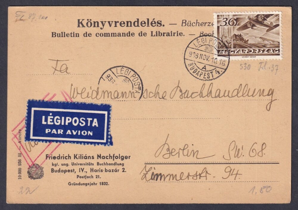 1936. Budapest, Berlinbe légipostán feladott levelezőlap