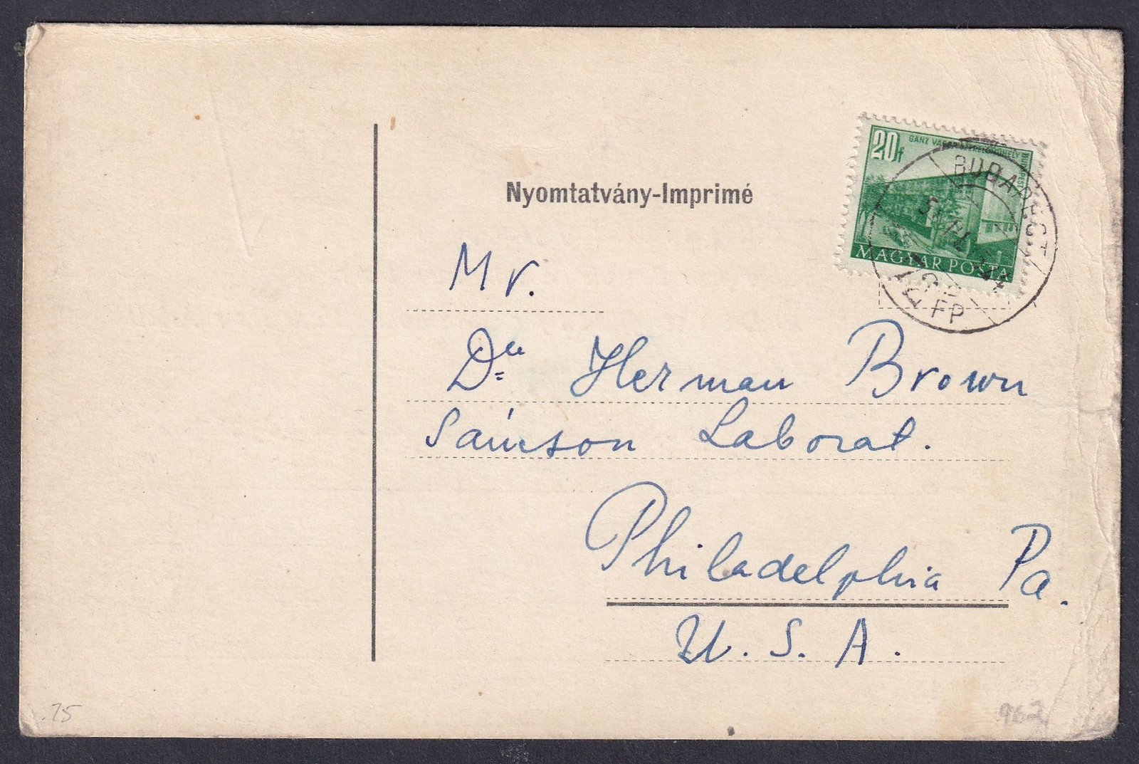 1953. USA-ba feladott nyomtatvány - ritka küldemény!