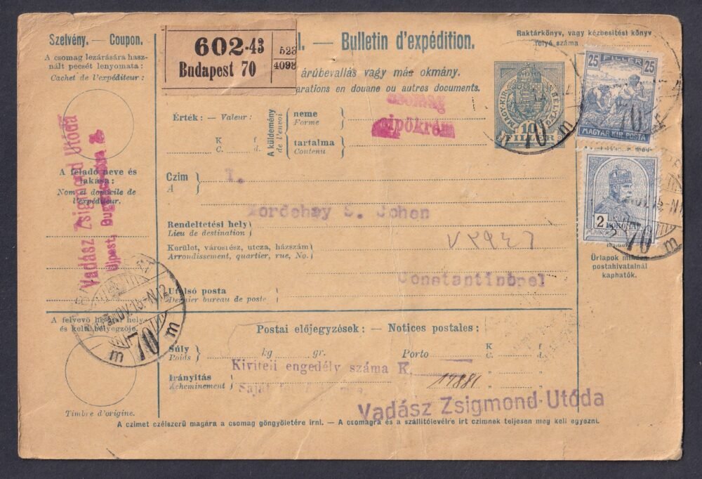 1915. Konstantinápolyba feladott szállítólevél