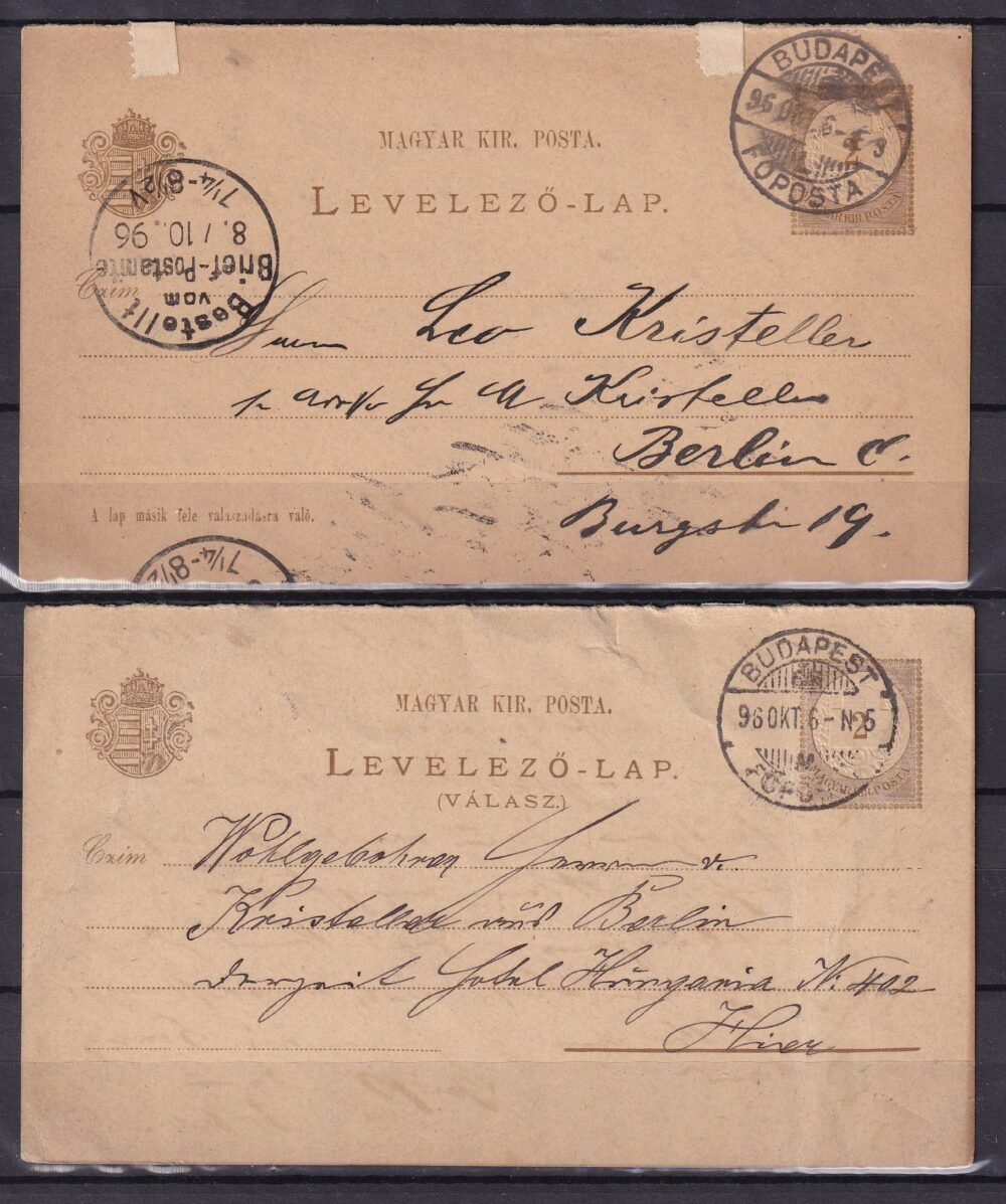 1896. Budapestről Berlinbe feladott, eredetileg összetartozó válaszos levelezőlap; a normál- és válaszlap is eltérő címzéssel, ugyanazon a napon  – különleges postatörténeti darab!