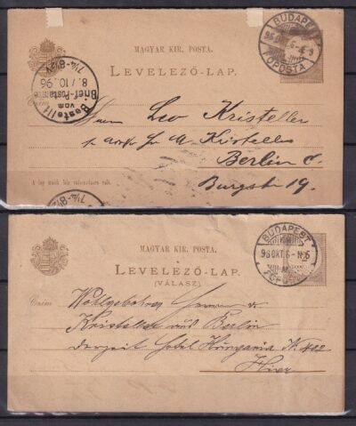 1896. Budapestről Berlinbe feladott, eredetileg összetartozó válaszos levelezőlap; a normál- és válaszlap is eltérő címzéssel, ugyanazon a napon  – különleges postatörténeti darab!