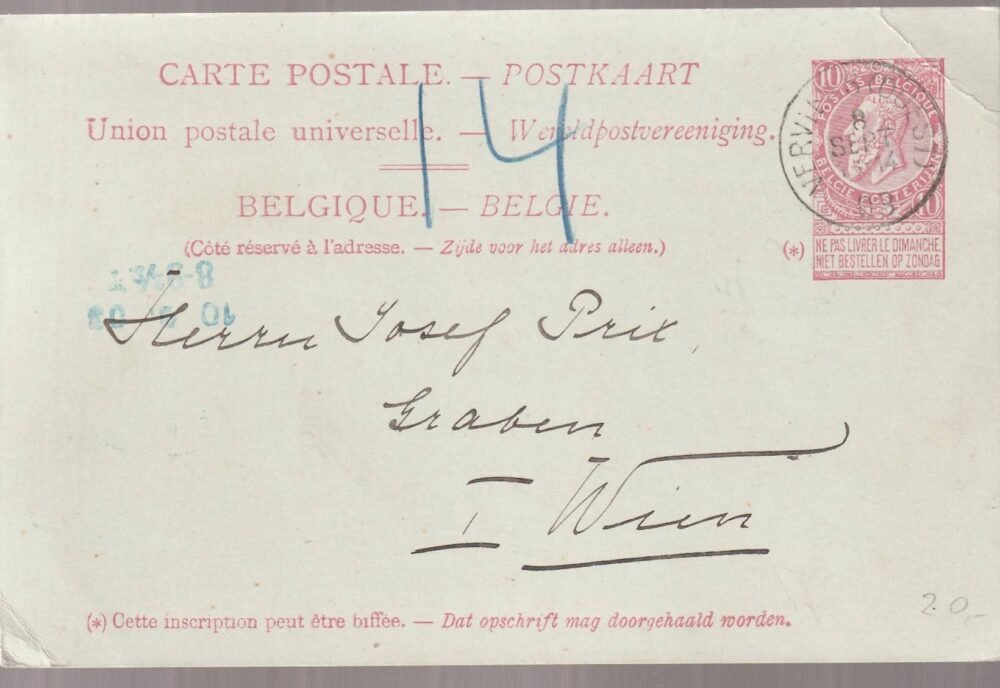 1903. Verviers (Belgium) Bécsbe feladott (UPU) levelezőlap