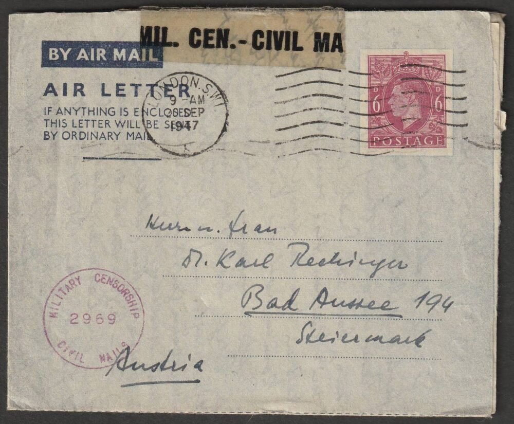 1947. Nagy-Britannia, VI. György 6 p, Ausztriába feladott díjjegyes légiposta boríték, "MILITARY CENSORSHIP – CIVIL MAIL" - Katonai cenzúrázott – polgári levél