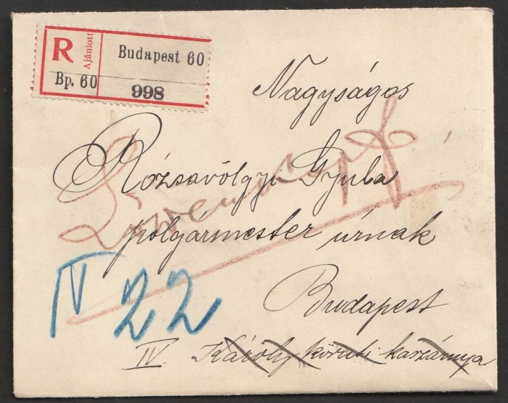 1912. Budapest, helyi ajánlott levél Rózsavölgyi Gyula részére