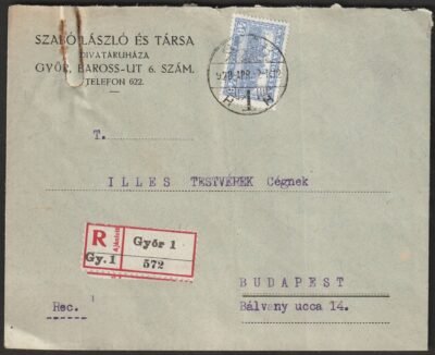 1928. Győr, Budapestre feladott ajánlott levél