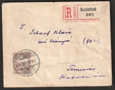 1914. Buziásfürdő, Temesvárra feladott ajánlott levél