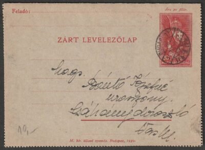 1939. Budapest, Csákánydoroszló-ra feladott zárt levelezőlap