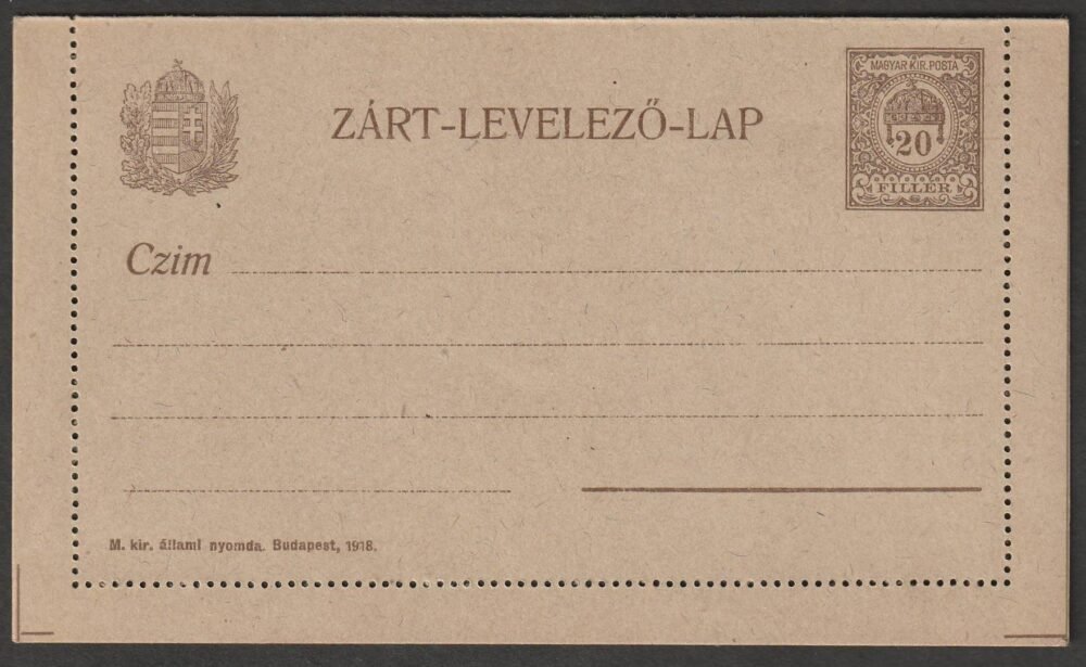 Használatlan, 1918. Zárt-Levelezőlap 20 f, szögletes koszorús címerrajzzal - szürke papíron