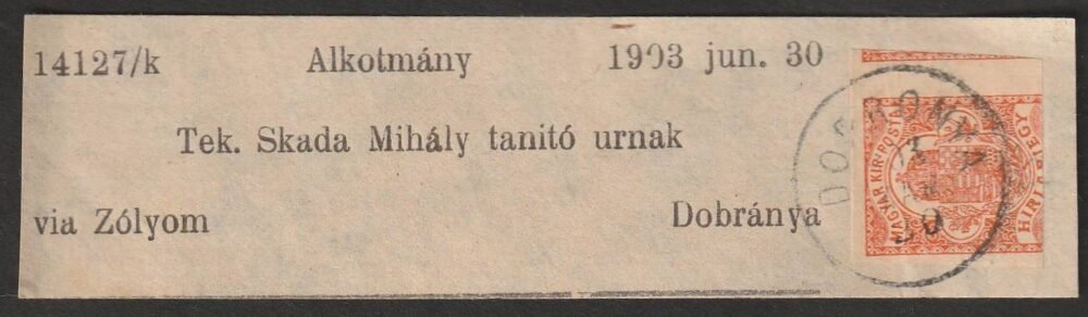 1903. Újságszalag kivágás - DOBRONYA érkezési bélyegzéssel