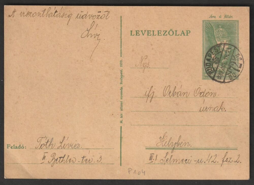 1939. Budapest, helyben feladott levelezőlap