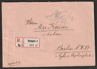 1926. Budapest Berlinbe feladott ajánlott levél, ívszéli bélyegpáron nyomdai jelzéssel