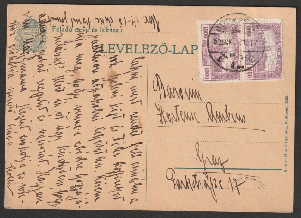 1925. Ausztriába feladott levelezőlap kedvezményes 2 000 Korona díjtétellel
